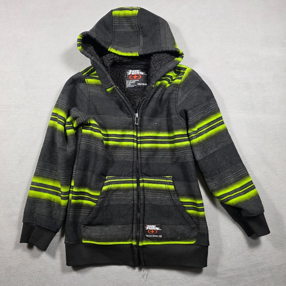 Vintage No Fear Hoodie Boys XS Black Green Striped Full Zip Sherpa Lined